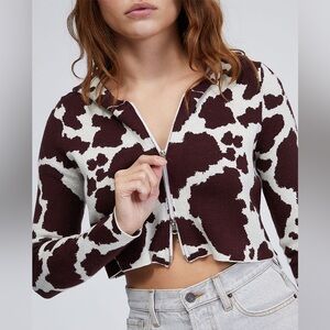 LA Hearts Brown White Cow Print Western Y2K Kelly Mini Double Zip Hoodie size S
